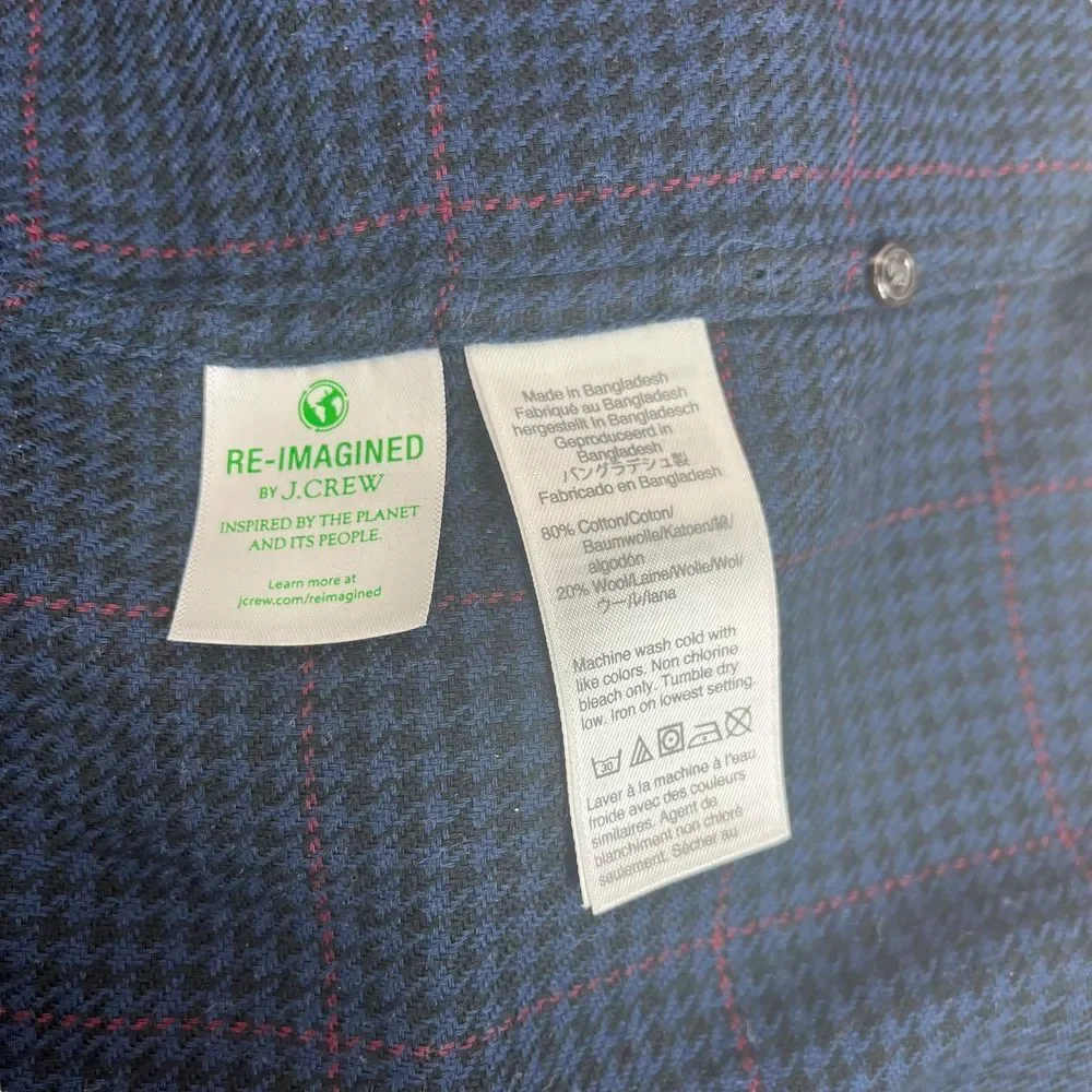 J.Crew‎ Men's XL Slim Blue Houndstooth Check Flannel L/S Shirt w/ Elbow Patch